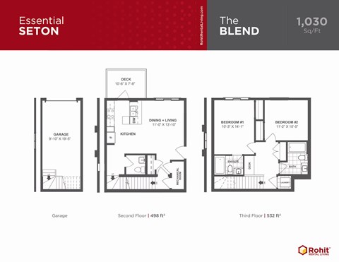 Floor plan for 2 beds, 2 baths, 1030 sqft